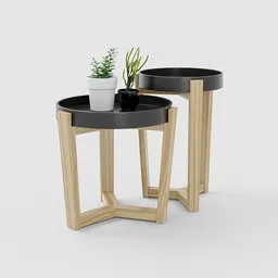 3D rendered nesting sidetables with plants for Blender users, showcasing modern furniture design with natural wood textures and black tabletops.