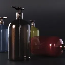 "Highly detailed cosmetic bottle in multiple colors with a soft blur and glow effect, perfect for premium bathroom designs. This plastic object is rendered using Octane and can be used in Blender 3D for realistic 3D modeling projects."
