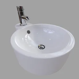 High-quality 3D model of a modern white circular bathroom sink with sleek faucet, designed for Blender rendering.
