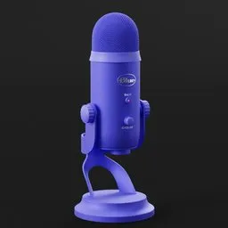 "3D model of Blue Yeti Microphone in vivid blue color on a stand, perfect for audio enthusiasts and Blender 3D users. Expertly rendered with intricate details by John Eyre, available at the official store. Get your hands on this stunning device for a realistic touch to your creative projects."