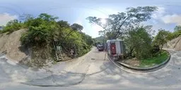 360-degree HDR image featuring a sunlit forest road with clear sky, ideal for realistic lighting in 3D scenes.