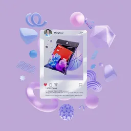 Blender 3D rendering of an Instagram mockup with abstract shapes and Microsoft-inspired design.