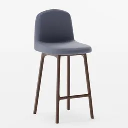 Realistic 3D model of a modern high bar stool with denim upholstery and dark wooden legs for Blender rendering.