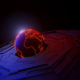 Futuristic glowing Earth on digital landscape for creative 3D modeling and animation in Blender.