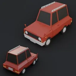 "Game-ready lowpoly red car 3D model for Blender 3D. Inspired by Shigeru Aoki and with elements of Russian Lada and Kia Soul designs. Top-down left view with a steel gray body and tiny villagers lending a sense of scale."