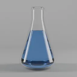 Realistic 3D-rendered Erlenmeyer flask filled with blue liquid for scientific visualization.