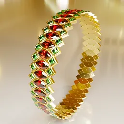 Detailed 3D model of a luxurious 18k gold ring with rubies and emeralds, ideal for Blender artists.