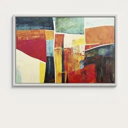 "Decorate your living room or walls with an Abstract Art Oil Painting, modeled in Blender 3D. Inspired by James Brooks, this intricate painting features a cityscape with a red, yellow, and blue background, and abstract mirrors, making it a perfect fit for any modern home aesthetic. Get this detailed and lush painting now - n 9."