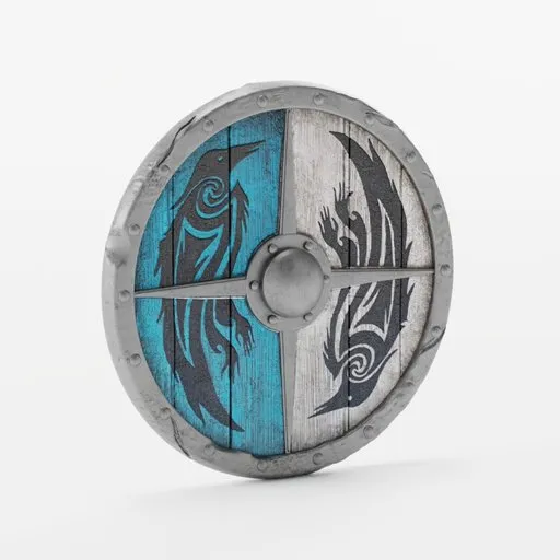 Detailed Viking shield 3D model with blue Norse patterns, optimized for Blender rendering.
