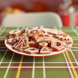 Detailed Blender 3D rendering of a plate filled with festive decorated cookies.
