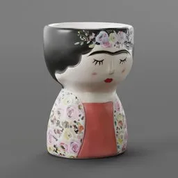 Ceramic-style Frida Kahlo head-shaped vase 3D model with handpainted details, designed for Blender.