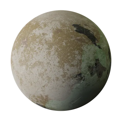Highly detailed PBR metal texture with procedural scratches, rust, dirt, and bullet impacts for Blender 3D materials.