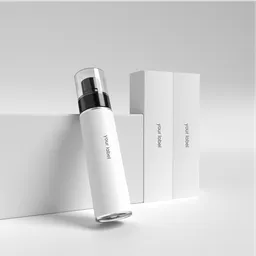 Elegant white face toner bottle with box in a minimalist 3D rendered scene, perfect for luxury skincare visualization.