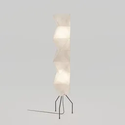"Discover the Akari Lamp, a stunning floor lamp designed by Isamu Noguchi and available as a Blender 3D model. This parametric solid works model features thin, long lines and soft, vanilla-colored lighting in a cubist style. Perfect for adding elegance to any virtual space."