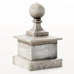 "Neoclassical style Pier Cap Fluted with Pillar, made of photo-scanned pale stone. This 3D model boasts hyperrealistic microdetails in large, medium and small elements, featuring a white stone pedestal with a ball on top and a single lamp. Perfect for Blender 3D enthusiasts and historic architecture lovers."