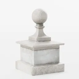 "Neoclassical style Pier Cap Fluted with Pillar, made of photo-scanned pale stone. This 3D model boasts hyperrealistic microdetails in large, medium and small elements, featuring a white stone pedestal with a ball on top and a single lamp. Perfect for Blender 3D enthusiasts and historic architecture lovers."