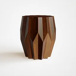 3D-rendered geometric wooden drum side table for Blender modeling with unique pattern design.