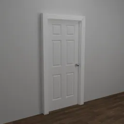 White 3D modeled six-panel door with control rig for realistic animation in Blender, detailed texture.