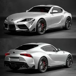 "White Toyota Supra 2022 with red accents, full detailed exterior and high detailed interior with lovely red trim. Promotional render in Blender 3D for standard category. Top and side view, heavily upvoted for its ultra high definition details."