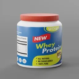 Detailed Blender 3D model of a protein supplement container, labeled and textured, suitable for health-themed renders.