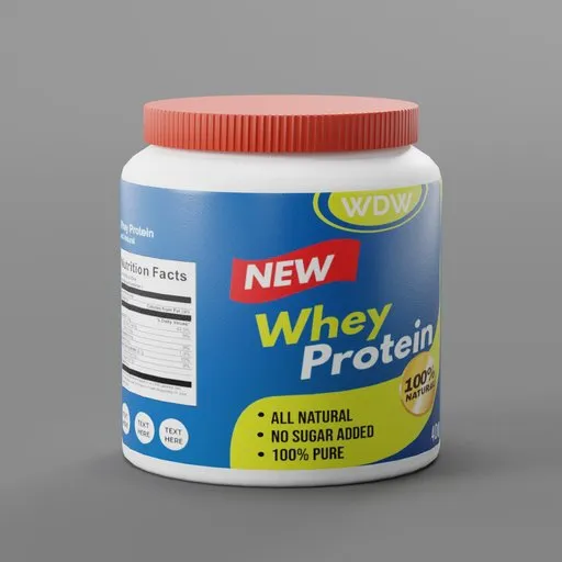 Detailed Blender 3D model of a protein supplement container, labeled and textured, suitable for health-themed renders.