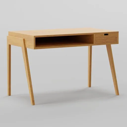 3D model of a modern walnut desk with open shelf and angled legs, designed in Blender.