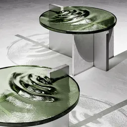 High-quality 3D rendered circular glass tables with sculptural metal bases, perfect for Blender 3D artists.