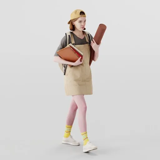 3D model of a student with books and backpack, designed in Blender for CG projects.