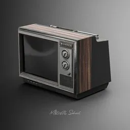 "Vintage TV 3D model for bedroom decor, created in Blender with highly detailed and realistic design, using baking technique to optimize file size and poly count. Featuring wooden case, Quixel textures, and inspired by Stanley Matthew Mitruk and Msxotto. Perfect for adding a retro touch to your 3D scene."