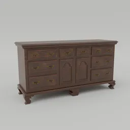 "Antique Sideboard 3D model for Blender 3D: A wooden dresser with multiple drawers and brass pulls, perfect for dining room settings or as a clothes dresser. Rendered in Autodesk 3D with a rococo inspiration, featuring a burnt umber finish and a heavy grain texture. Ideal for creating realistic interiors in your Blender 3D projects."