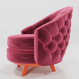 "Explore our stunning retro-inspired pink Chesterfield chair 3D model with wooden base and tufted upholstery, perfect for any parlor or living space. Created with Blender 3D software and featuring bright colors and soft rounded shapes, this model is fully customizable with changeable colors to fit any design aesthetic."