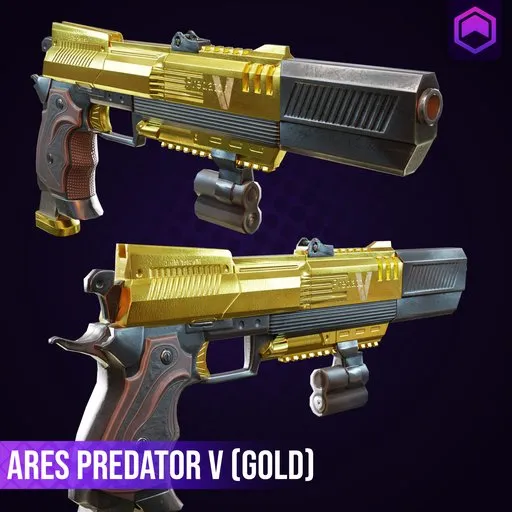 "Detailed gold and black 3D handgun model with intricate design, optimized for Blender and game development."