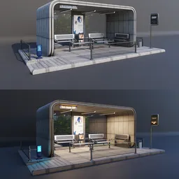"Modern outdoor bus stop with bench and sitting area, created in Blender 3D. The asset sheet features strong ambient occlusion and is inspired by Aleksandr Gerasimov, P.C. Skovgaard, and Karolis Strautniekas. Trending on Unreal Engine 5, this bus stop model is perfect for any exterior project."
