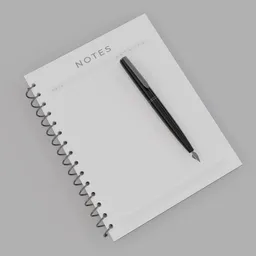 "3D model of a spiral notebook with a fountain pen on top, created using Blender 3D software. The asset is depicted on a gray background and features simple figures with British features, stylized minimalist face icon, and a grid layout. Three-point lighting emphasizes the overall look of the model."
