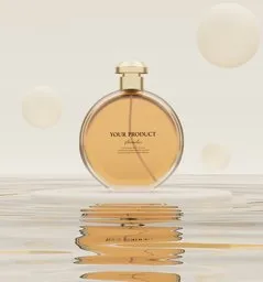 3D-rendered spherical perfume bottle with realistic water reflection, set against a soft beige backdrop with floating geometric shapes.