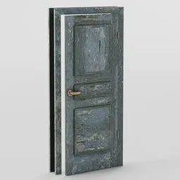 Detailed antique styled 3D model of a weathered wooden door with metal handle, ideal for rendering in Blender.