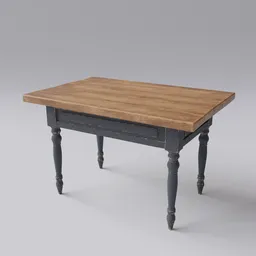 Rustic Table 3D model with 4K PBR textures, using Mirror and SubD modifiers in Blender, detailed wood and metal finish.