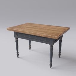 "Rustic Table 3D model in Blender 3D with 4 parented objects textured with 4K PBR Material using Substance. French provincial furniture design with chest legs and Mirror and non applied SubD modifiers."