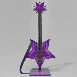 "Get the Purple Star Guitar - Mavick 01 Spezial for your 3D instrument renders. This stunning 5-string bass boasts hardware from marleaux, Schaller, and Les Paul. Impress with its star-shaped design and rich sound, perfect for any character render."