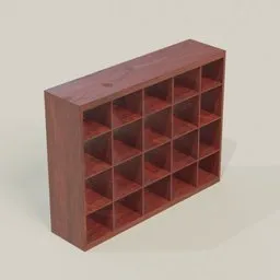 Detailed wooden 3D bookshelf model with multiple compartments, optimized for Blender rendering and hall design visualization.