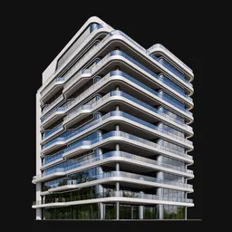Detailed Blender 3D model of a futuristic glass building with curved balconies and sleek design.