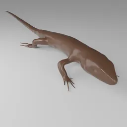 "3D lizard template for Blender 3D: Symmetrical sculpting, texturing, and rigging-ready model. Dark brown, albino-inspired reptile lying down on a leaf, resembling works by László Mednyánszky and Władysław Malecki. Perfect for 3D design, inspired by nature and streaming."
