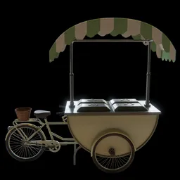 Realistic bicycle vendor cart 3D model, detailed textures, high-quality render, compatible with Blender and other software.