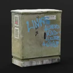 Detailed 3D model of a weathered electrical utility box with graffiti, ideal for Blender 3D projects.