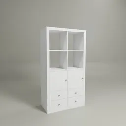 "3D model of an upright Ikea Kallax bookcase in white with four insets, created in Blender 3D software. Symmetrical layout with three doors and minimalist art style. Perfect for hall or home office use."