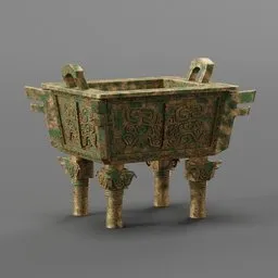 Detailed 3D rendering of an ancient Chinese bronze ding tripod with intricate patterns, ready for Blender use.