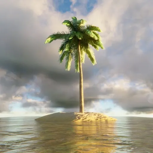 3D-rendered tropical island with a lone palm tree surrounded by ocean and dynamic cloud sky.