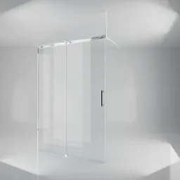 High-quality 3D model of a modern walk-in shower with glass panels and chrome finish, featuring a soft close-open system.