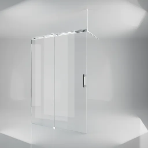High-quality 3D model of a modern walk-in shower with glass panels and chrome finish, featuring a soft close-open system.
