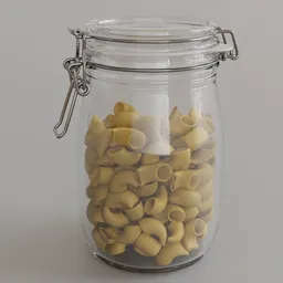 Realistic 3D rendered pasta rigate in sealed glass jar, Blender 3D model, texture and lighting detail.
